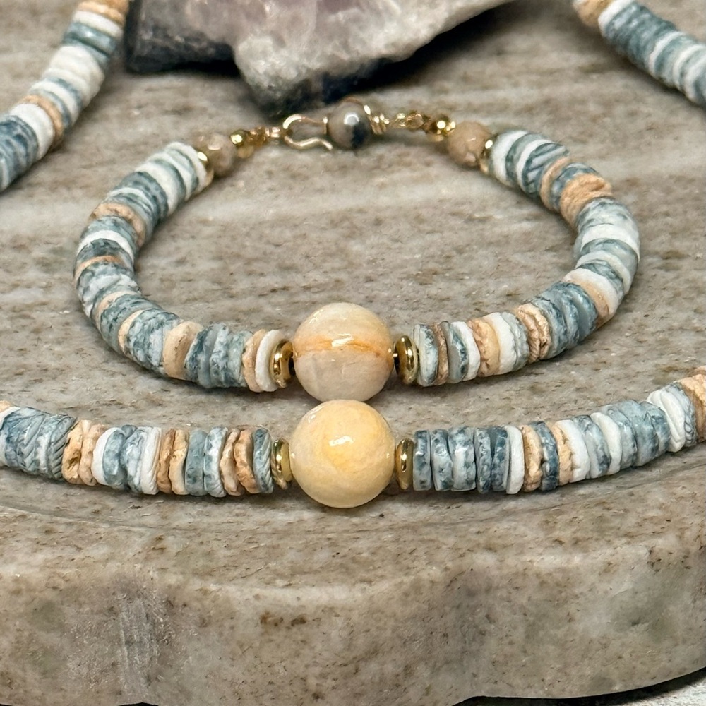 Artisan Shell Heishi With Jade Focal Point Necklace Bracelet Set